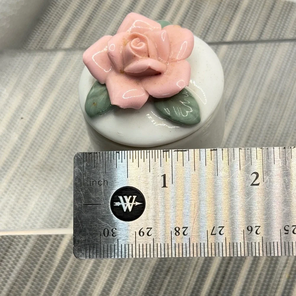 Vintage Porcelain Trinket Box Pink Rose Flower Lid Round Ceramic Jewelry Case